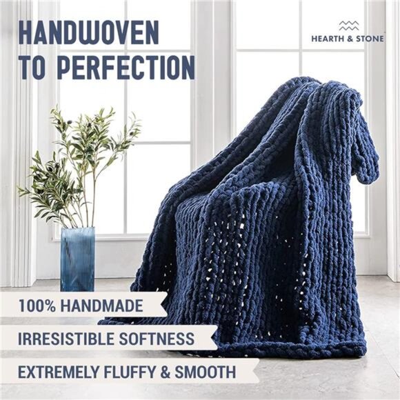 Chunky Knit Blanket Throw - 50"x60" 3.7 lbs. -Soft Chenille Yarn Knitted Blanket - Picture 4 of 7